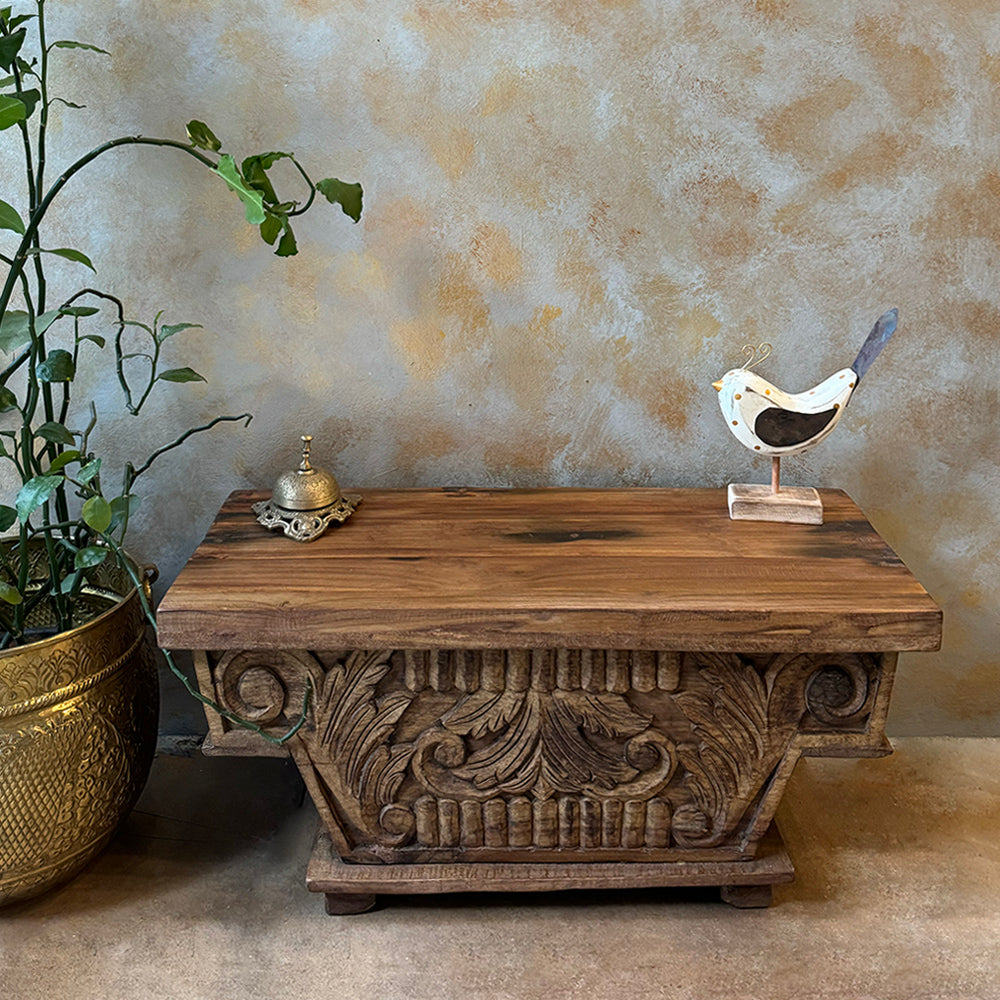 Distressed Carved Small Wooden Box/Table Sunshine Boulevard