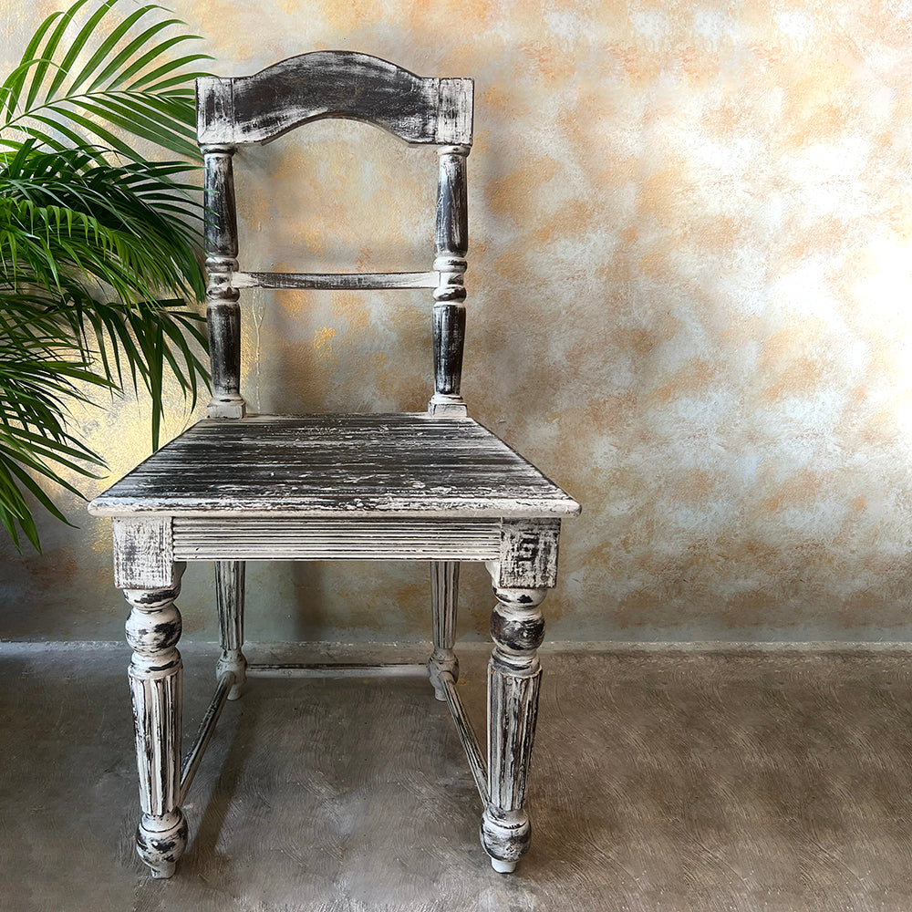 Antique Wooden Chair White Black Distressed - Main Image